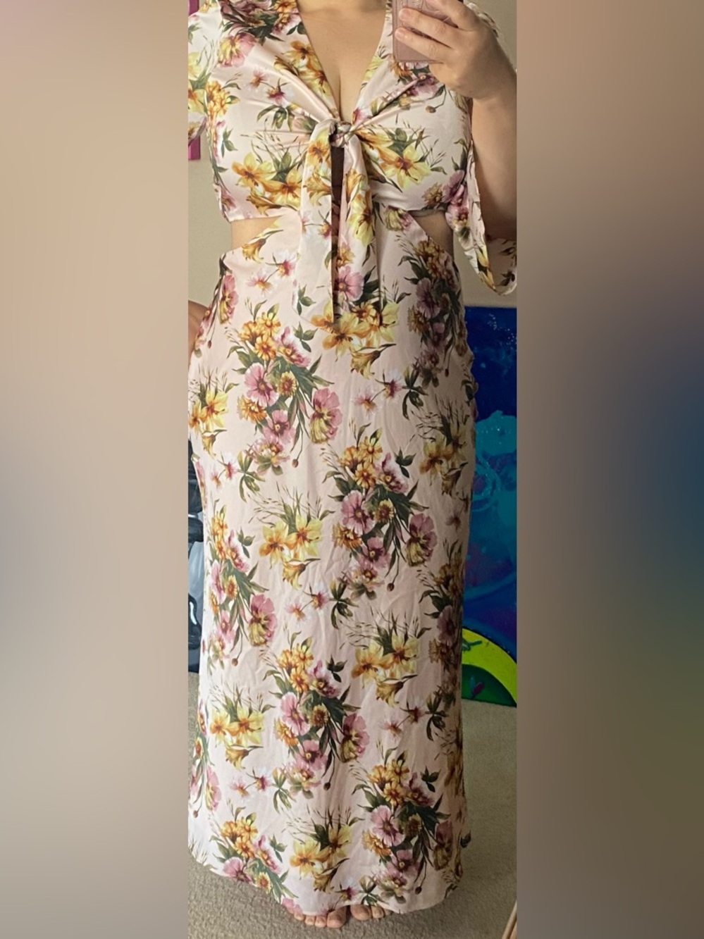 Express Floral Tie-Front Maxi Dress in Light Pink